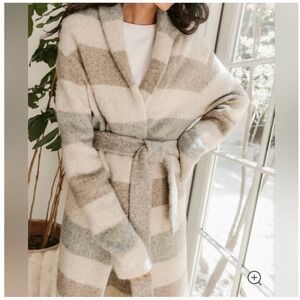 Jenni Kayne Sweater Women Small Tan Ivory Stripe‎ Yak Alpaca Belted Sweater Coat